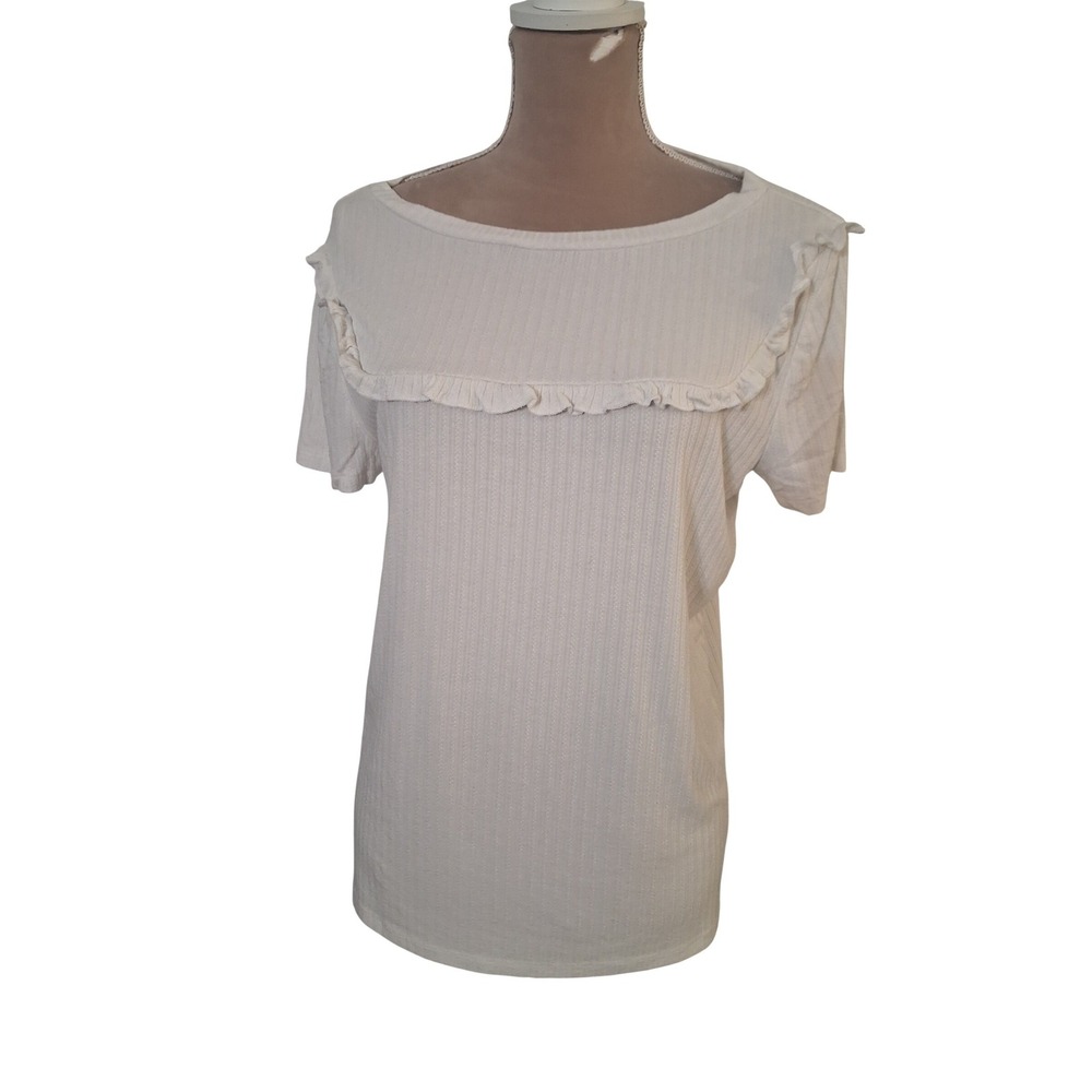 Loft Outlet Womens White Ribbed Ruffle Short Sleeve Knit Top Size L